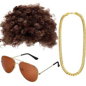 Hippie Costume Set Funky Afro Wig Sunglasses Necklace for 50/60/70s Theme Party